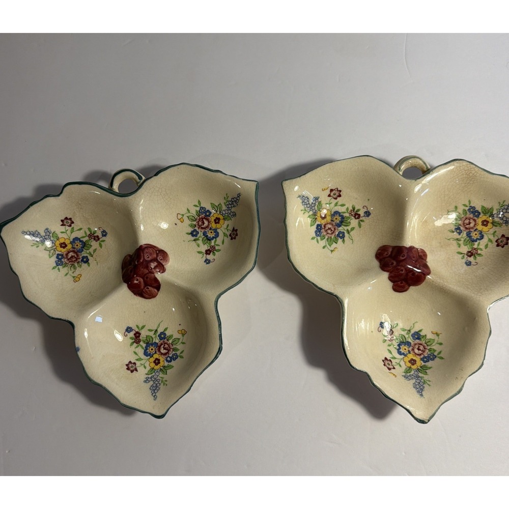 Vintage Made in Japan Floral‎ Grape 3 Section Nut Candy Dish Set of 2 Cream 6.5"